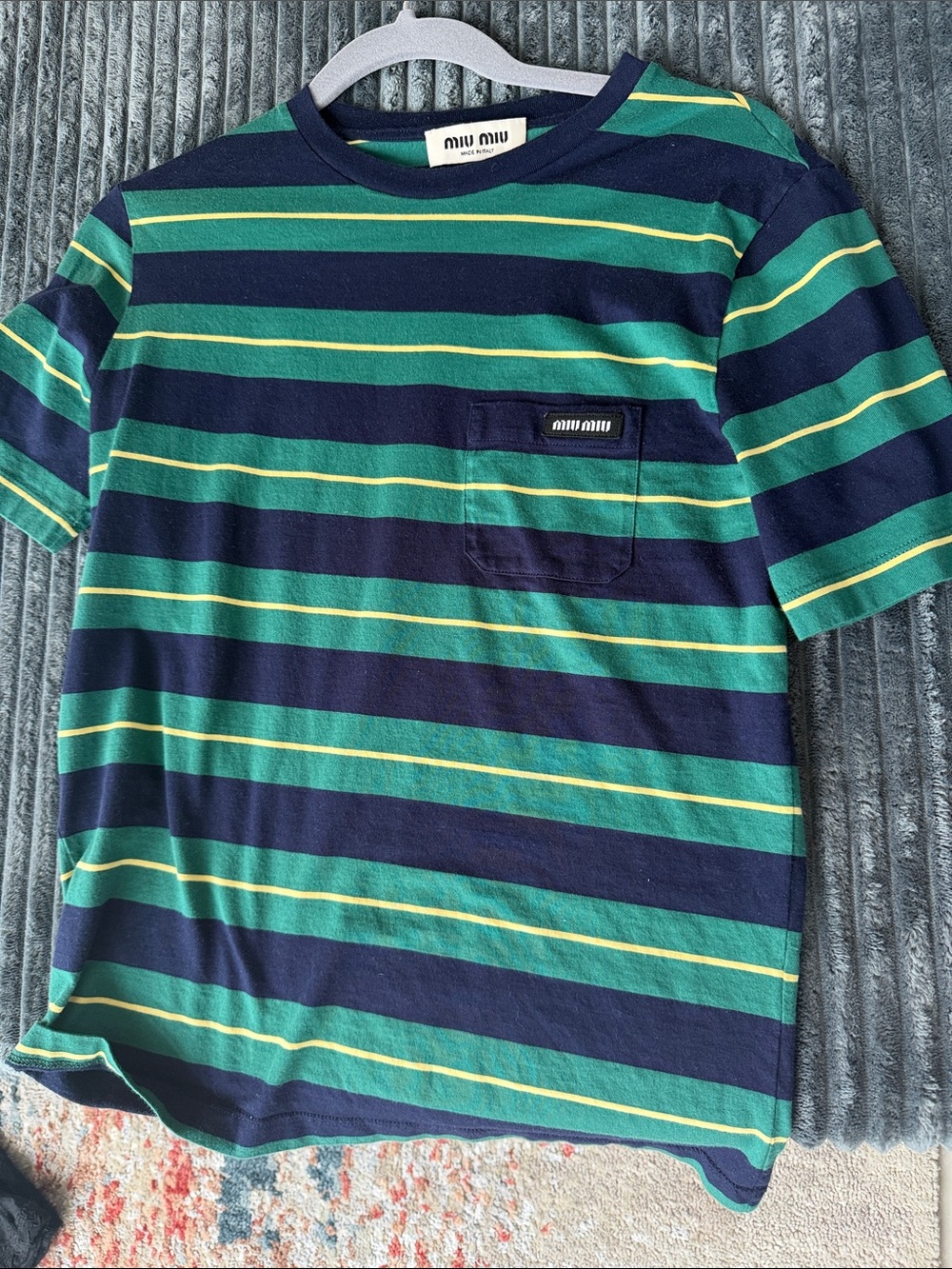 Miu Miu Navy, Green & Yellow Striped Pocket Tee